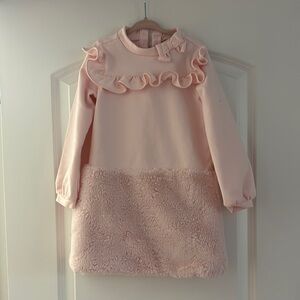 Janie and Jack Pink Ruffled Kids Dress with Plush Fur Bottom